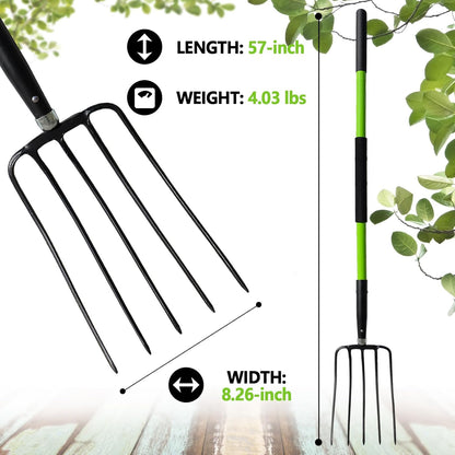 Pitch Fork-57 Inch，5-Tine Steel Garden Fork Heavy Duty, Mulch with Cushion Grip, Green Fiberglass Handle