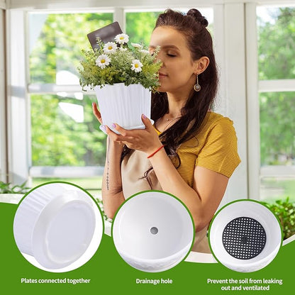 Plant Pots - 5.5 Inch Cylinder Ceramic Planters with Connected Saucer, Pots for Succuelnt and Little Snake Plants, Set of 4, White