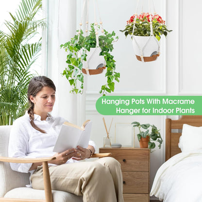 Hanging Planters for Indoor Outdoor Plants, 2 Pack Self Watering Hanging Pots, Hanging Plant Baskets with Drainage Holes & 2 Types of Plant Hangers (White, 6'')