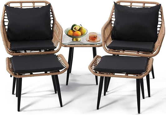 5 Piece Wicker Bistro Patio Conversation Furniture Set, Includes 2 Chairs, 2 Ottomans, and Side Table, Ideal for Porch, Balcony, Deck, Backyard, Natural