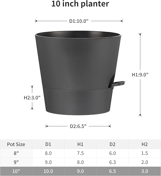 FaithLand 2-Pack 10 Inch Planter Pots for Indoor Outdoor Plants, Self Watering Flower Pots with Deep Reservoir, Black …