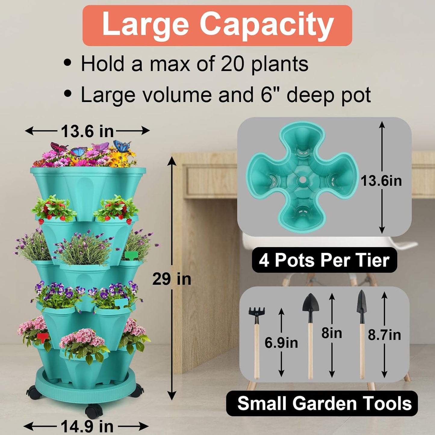 DUNCHATY Stackable Planter, Teal, 6 Tier Garden Tower, Self Watering, Indoor/Outdoor, with Garen Tool Set