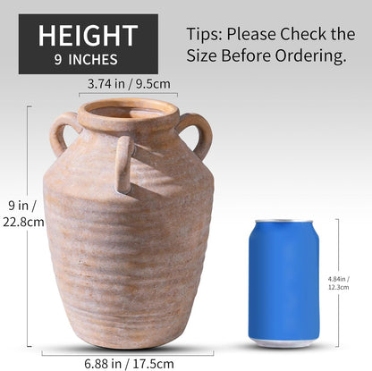 Vintage Terracotta Ceramic Vase with Handles, Rustic Beige Pottery Tulip Vase for Cottage Core Home Mantle Decor, Farmhouse Table Centerpieces, Large Bulk Flower Vases Jarrones Decorativos para Sala