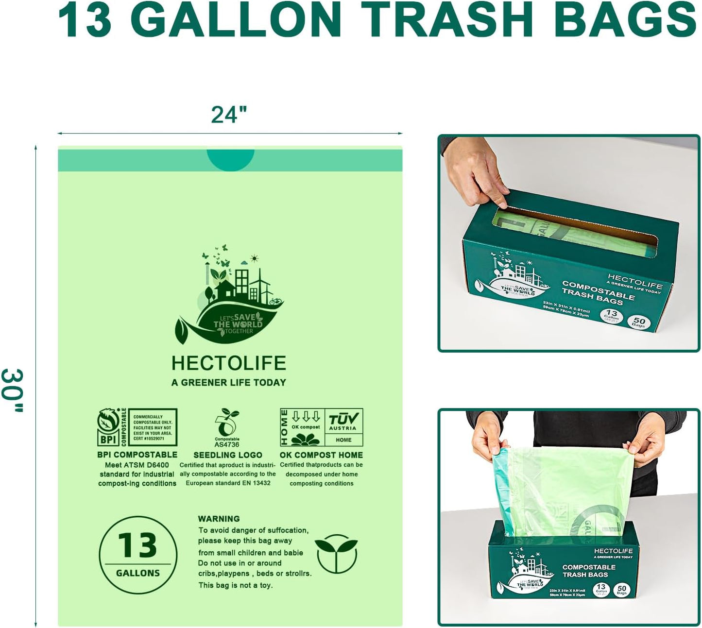 13 Gallon,100 Count, Compostable Trash Bags with Drawstring,Tear Resistant Kitchen Food Scrap Waste Bag, ASTM D6400, US BPI and Europe OK Compost Home Certified