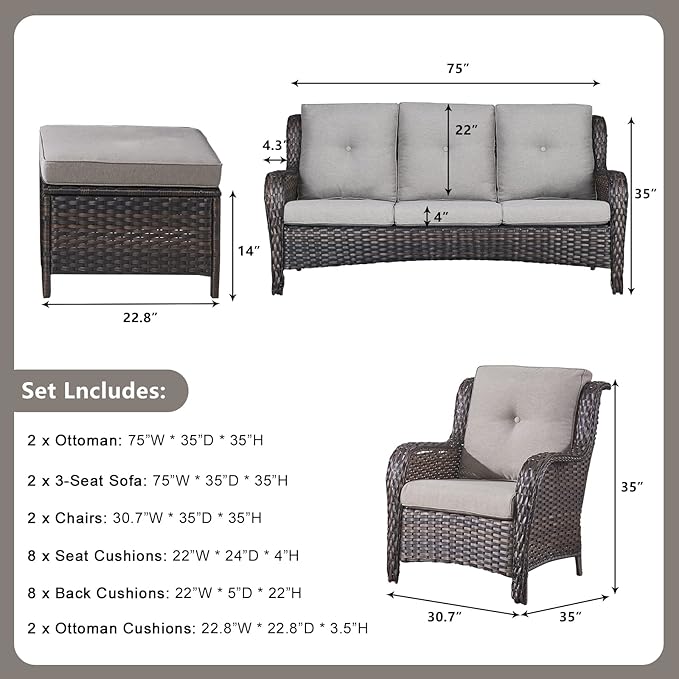 Rilyson Wicker Patio Furniture Set - 6 Piece Rattan Outdoor Sectional Conversation Sets with 2 Sofa,2 Armrest Chairs and 2 Ottomans for Porch Deck Garden(Brown/Grey)