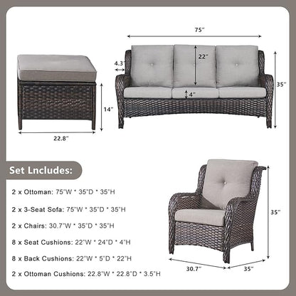 Rilyson Wicker Patio Furniture Set - 6 Piece Rattan Outdoor Sectional Conversation Sets with 2 Sofa,2 Armrest Chairs and 2 Ottomans for Porch Deck Garden(Brown/Grey)