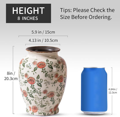 Green and Beige Vintage Round Vase, Red Rose Chinoiserie Floral Vase, Antique Decorative Ceramic Flower Vases for Bouquet, Home Decor, Living Room, Bookshelf, Office, Cottage Core Home Decor 8 Inch
