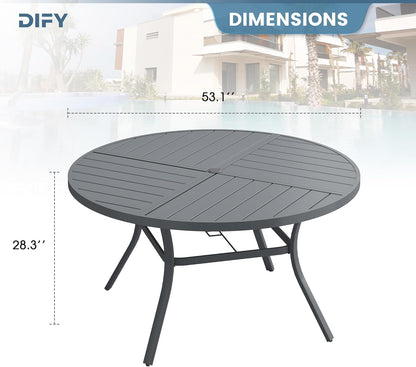 DIFY 53.1" Round Outdoor Patio Dining Table for 6-8, All-Weather Metal Steel Slatted Patio Table with 1.57" Adjustable Umbrella Hole, for Lawn Garden Porch Backyard, Grey