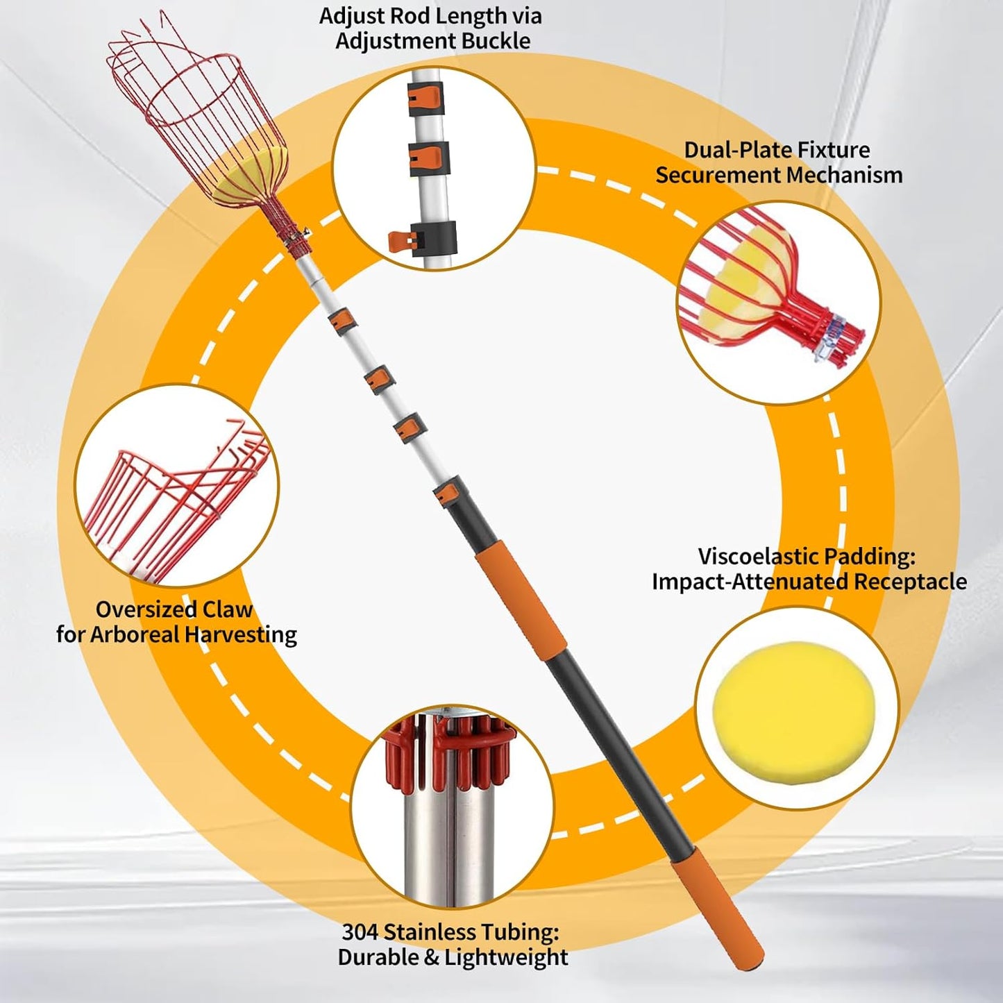 26FT Reach Fruit Picker Pole, Telescopic Picking Pole with Gentle Grip Claw & Collapsible Basket, Adjustable Apple Picker Pole Tool for Avocado Orange Lemon Pear Mango