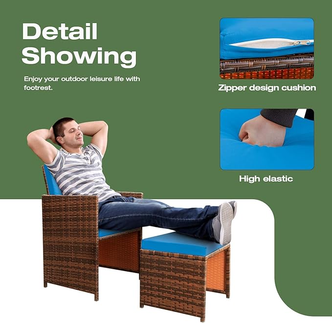 Devoko 4 Pieces Patio Wicker Furniture Set Outdoor Patio Chairs with Ottomans All Weather Cushioned Chairs Balcony Porch Furniture (Blue)