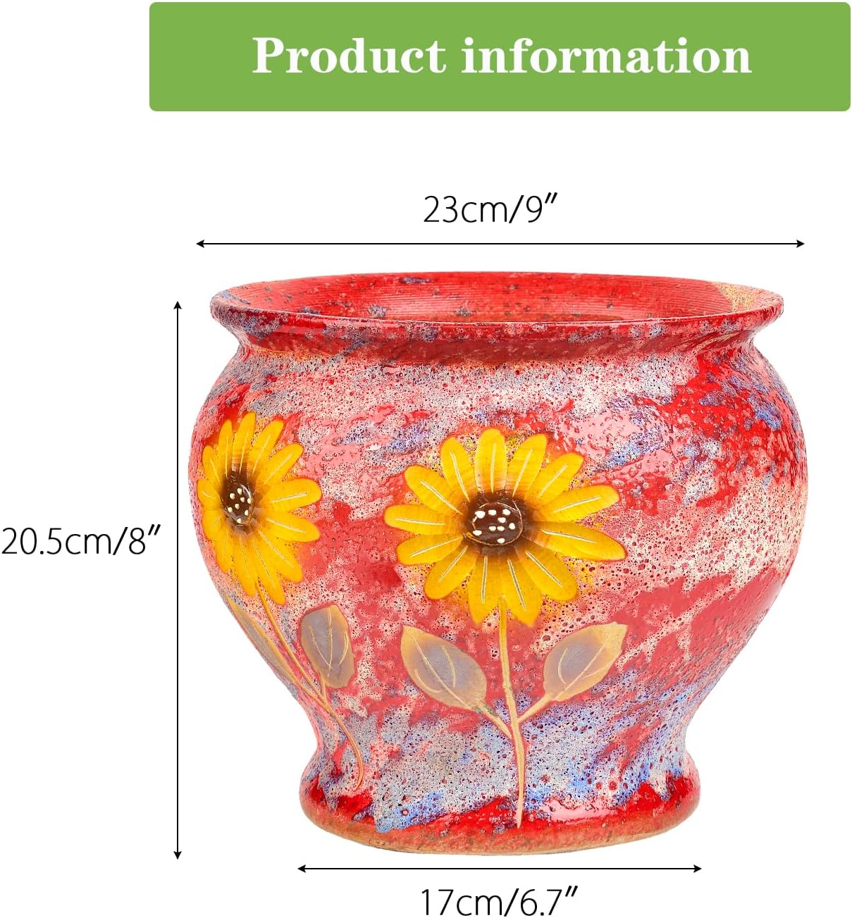 Sungmor Ceramic Hand Painted Succulent Flower Pots, 9 Inch Large Pottery Pots for Indoor Outdoor Plants, Decorative Ceramic Vase for Flower Arrangement Home Decor, Vintage Centerpieces Flowerpot