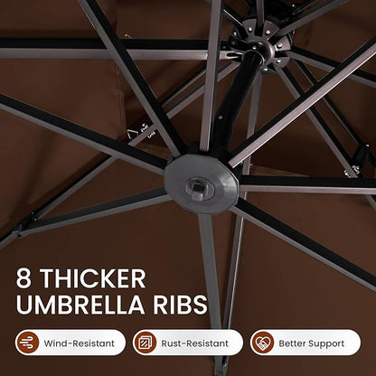 10x10 FT Cantilever Patio Umbrella Double Top Outdoor Square Large Heavy Duty Aluminum Offset Umbrellas with 7 Level Tilt 360-degree Rotation for Pool Garden Deck, Brown