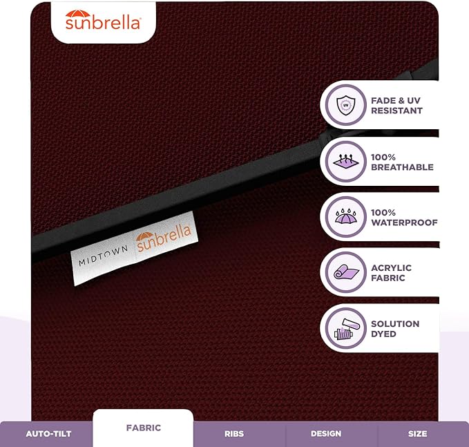 Midtown Umbrellas Sunbrella Umbrella 8 Feet Outdoor Umbrella With Sunbrella Burgundy Acrylic Fabric - Auto-Tilt Aluminum Frame Patio Umbrella For Backyard, Deck, Garden, Pool - Black Pole