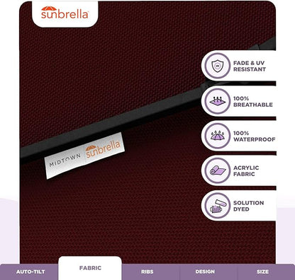 Midtown Umbrellas Sunbrella Umbrella 8 Feet Outdoor Umbrella With Sunbrella Burgundy Acrylic Fabric - Auto-Tilt Aluminum Frame Patio Umbrella For Backyard, Deck, Garden, Pool - Black Pole