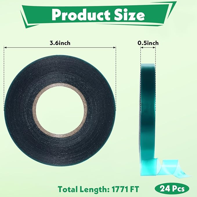24 Pcs Stretch Tie Tape, 150 Feet x 1/2" Wide Reusable Garden Plant Ties Green Tapes for Plants, Thick Garden Vinyl Stake Ribbon for Branches Flowers Tomatoes Indoor/Outdoor/Greenhouse