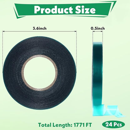 24 Pcs Stretch Tie Tape, 150 Feet x 1/2" Wide Reusable Garden Plant Ties Green Tapes for Plants, Thick Garden Vinyl Stake Ribbon for Branches Flowers Tomatoes Indoor/Outdoor/Greenhouse