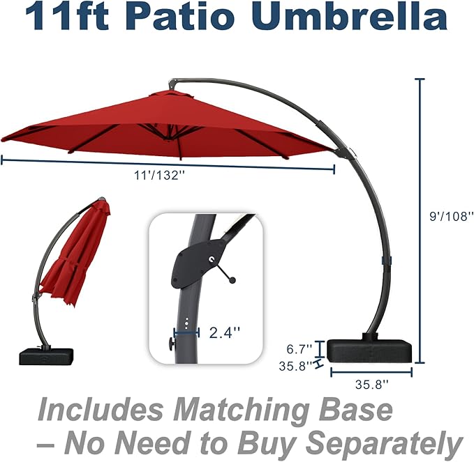 11FT Cantilever Umbrella with Base Large Curvy Outdoor Aluminum Offset Umbrella w/ 360° Rotation, UV Resistant Canopy for Patio, Garden, Backyard, Red