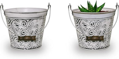 Headwind Robert Allen Vintage Floral Metal Planter with Handle, 12-Inch, Rustic White – Lightweight Indoor/Outdoor Flower Pot with Drainage Hole