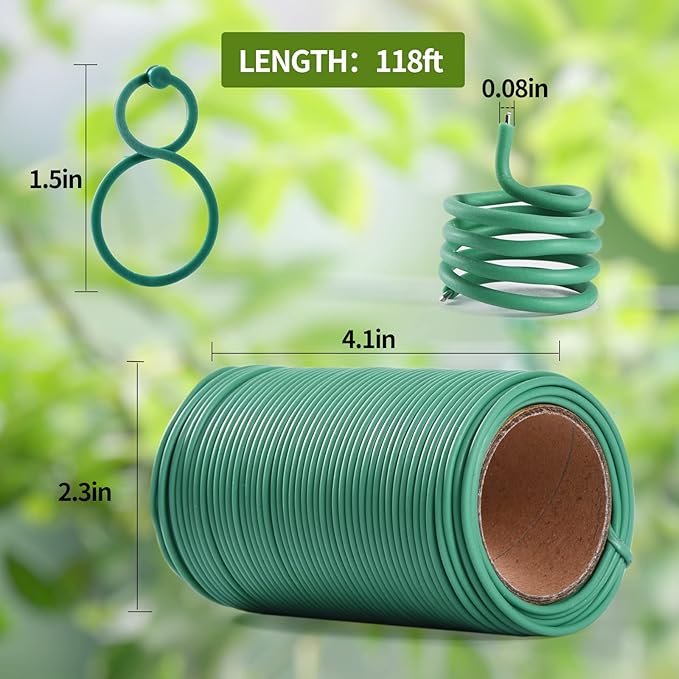 118ft Soft Green Twist Garden Ties with 20PCS Clips for Plants - 2mm Diameter