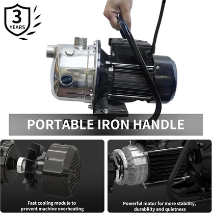 LANCHEZ 1.2 HP Portable Shallow Well Garden Pump, 1828 GPH Stainless Steel Sprinkler Pump, 115V Water Transfer Draining Irrigation for Lawn
