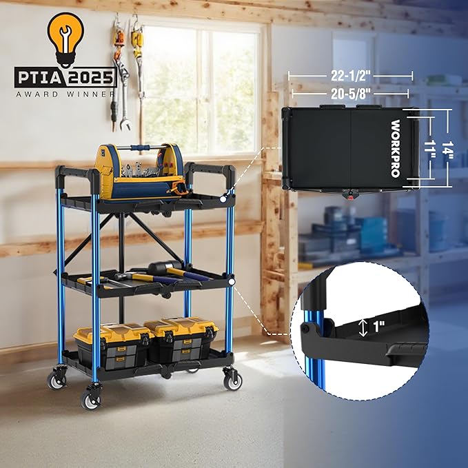 WORKPRO 3-Tier Collapsible Service Cart, 210 LBS Foldable Utility Service Cart with Wheels, Portable Tool Cart for Garage, Warehouse, Home, Restaurant, Office (No Assembly Required)