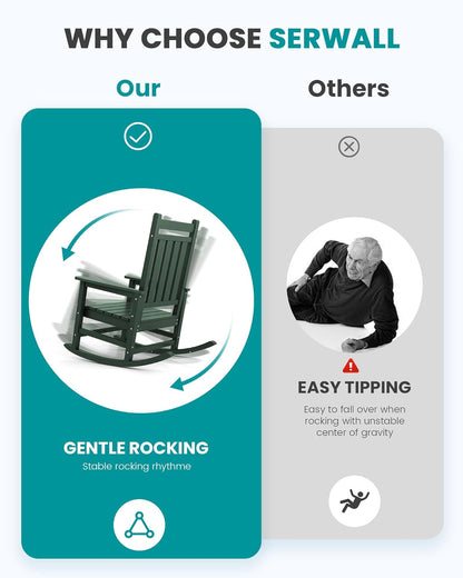 SERWALL Oversized Outdoor Rocking Chair Set of 4, HDPE Rocker for Adults, Patio Rocking Chairs for Porch, Green