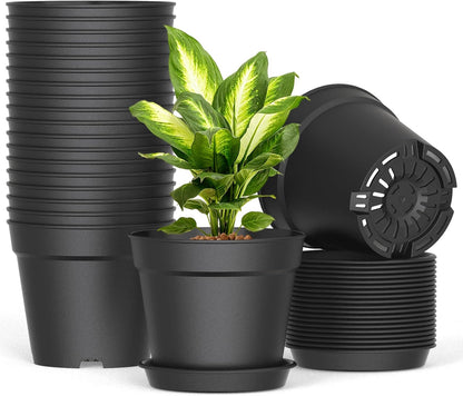 20 Pack 6 Inch Plant Pots with Drainage and Saucers, Black Plastic Flower Pots for Indoor and Outdoor Plants, Stackable Nursery Planters for Houseplants and Herbs, Black