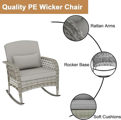 DECMICO 3-Piece Rattan Rocking Chair Set, PE Patio Bistro Furniture with Cushions & Coffee Table for Garden Backyard Porch, Light Grey