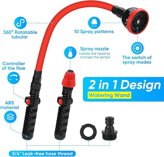 2 in 1 Bendable Watering Wand Heavy Duty, for Garden/Car Use with 10 Spray Patterns, 29In Long Hose Nozzle Sprayer,Fits 3/4” Quick Coupling/Garden Hoses