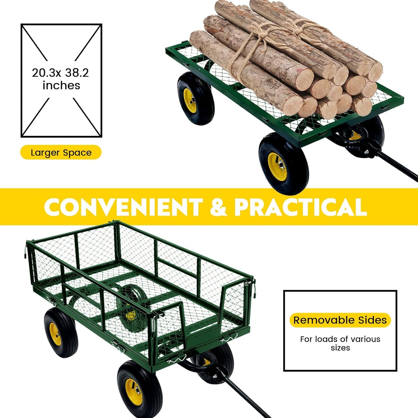 Steel Garden Cart, 2-in-1 Heavy Duty Utility Wagon 900 LBS Capacity Carts with Removable Mesh Sides to Convert into Flatbed, 240° U-Turn 10" Pneumatic Tires Garden Wagon for Lawn Camping Farm Yard