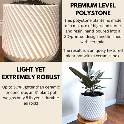 Fox & Fern 8 Inch Plant Pot with Drainage Plug — Premium Polystone White Plant Pot; Modern Planter with 3D Texture and Ceramic Finish; 8 Inch Pots for Plants Indoor & Outdoor; Lightweight