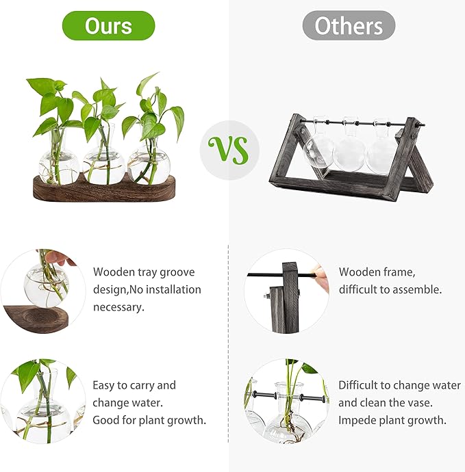 Mkono Desktop Plant Propagation Glass Station Retro Terrarium with Wooden Tray Bulb Vase for Hydroponic Home Indoor Decor Brown, Plant Lover Gift