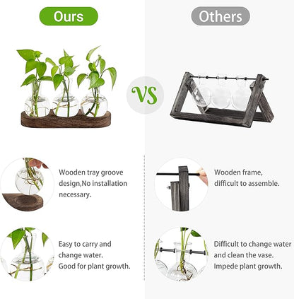 Mkono Desktop Plant Propagation Glass Station Retro Terrarium with Wooden Tray Bulb Vase for Hydroponic Home Indoor Decor Brown, Plant Lover Gift