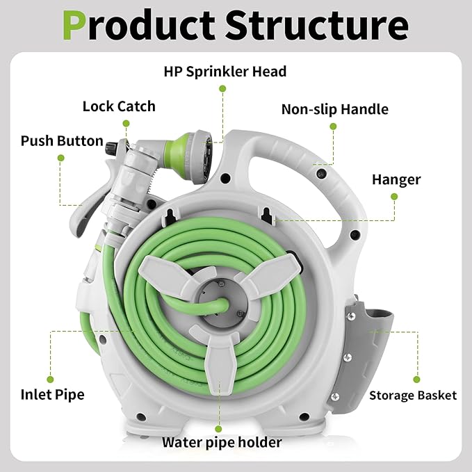 Garden Retractable Hose Reel, Portable Simple Home Hose Reel 45+5 FT with 7 Patterns Spray Nozzle, Wall Mounted and Any Length Lock for Garden Watering, Car Washing, Pet (Green)