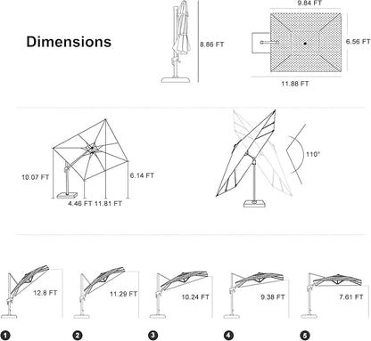 PURPLE LEAF 10' X 6.5' Swivel Outdoor Patio Aluminum Umbrella with Base Left-right Tilting Cantilever Offset Umbrella with UV Resistant Heavy Duty Fabric for Deck Pool Patio Backyard, Pebble Grey