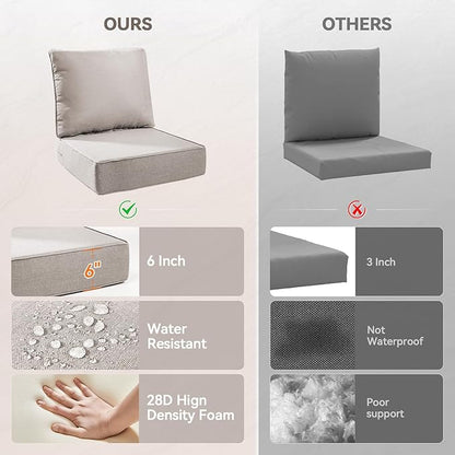 Luxury 6" Outdoor Cushions for Patio Furniture, 24x24x6" Thick Seat Cushion Set of 5, Fade Resistant Couch Chair Replacement Cushions High Density Deep Wicker Chair Cushion w/ Removable Cover, Beige