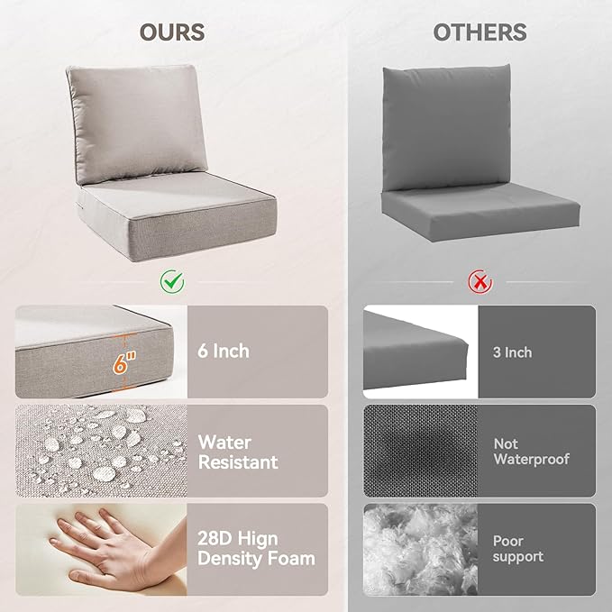 Luxury 6" Outdoor Cushions for Patio Furniture, 24x24x6" Thick Seat Cushion Set of 2, Fade Resistant Couch Chair Replacement Cushions High Density Deep Wicker Chair Cushion w/ Removable Cover, Beige