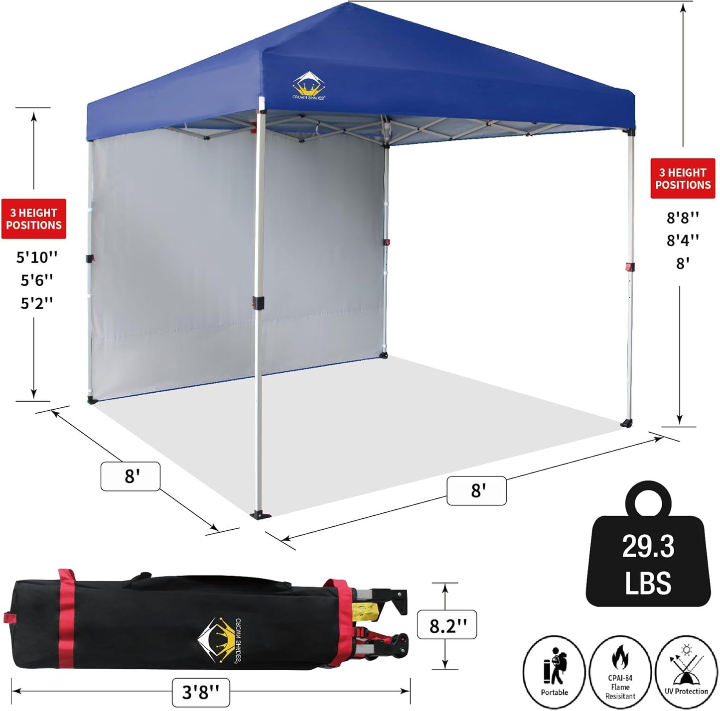 CROWN SHADES 8x8 Pop Up Canopy with 1 Side Wall - Beach Tent with One Push Setup - Outdoor Sun Shade for Events, Parties, Camping - Gazebo with STO-N-Go Cover Bag (Navy Blue)