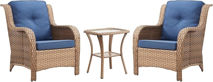 Rilyson Patio Bistro Set Outdoor Chairs - 3 Piece Wicker Rattan Patio Furniture Set with 2 Armrest Chair and 1 Side Table for Proch Deck Garden Backyard Balcony(Yellow/Blue)