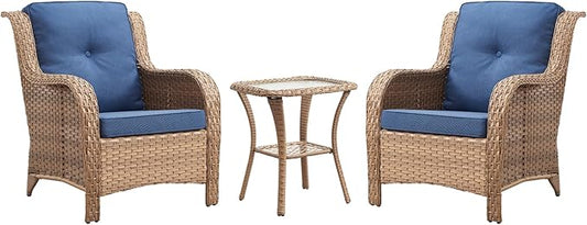 Rilyson Patio Bistro Set Outdoor Chairs - 3 Piece Wicker Rattan Patio Furniture Set with 2 Armrest Chair and 1 Side Table for Proch Deck Garden Backyard Balcony(Yellow/Blue)