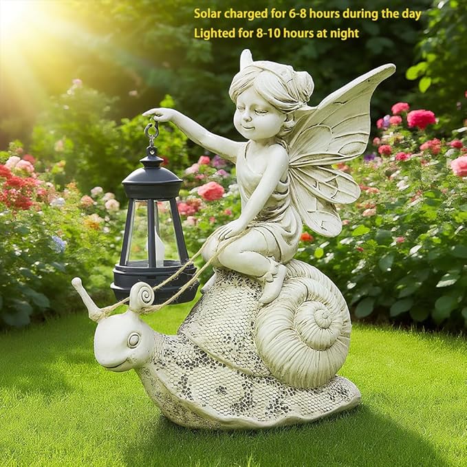 Solar Snail Statue Light, Outdoor Resin Solar Garden Sculpture, Fun Elf Riding Snail Fairy Tale Statue, Lawn, Patio Outdoor Unique Home Dcoration, Lady Gift!