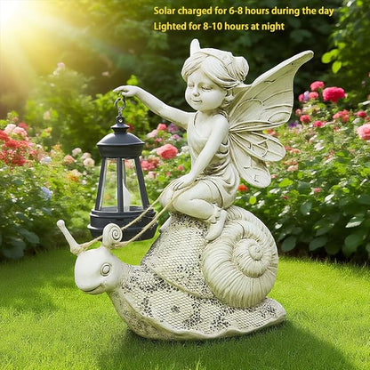 Solar Snail Statue Light, Outdoor Resin Solar Garden Sculpture, Fun Elf Riding Snail Fairy Tale Statue, Lawn, Patio Outdoor Unique Home Dcoration, Lady Gift!
