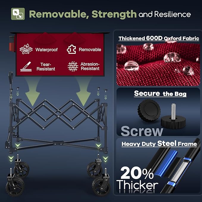 150L Collapsible Wagons Carts Foldable, 360LBS Heavy Duty Folding Beach Cart with Big All-Terrain Wheels, Portable Utility Wagon for Grocery, Shopping, Garden, Sports, Red