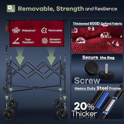 150L Collapsible Wagons Carts Foldable, 360LBS Heavy Duty Folding Beach Cart with Big All-Terrain Wheels, Portable Utility Wagon for Grocery, Shopping, Garden, Sports, Red