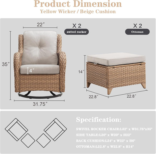4 Pieces Patio Furniture Sets, Wicker Patio Swivel Glider Chair with Ottomans, Outdoor Furniture Set for Outside Porch, Deck, Balcony, Garden, Yellow