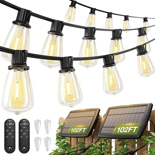 addlon 2 Pack*102FT(96+6) Solar String Lights Waterproof, Patio Lights Solar Powered with Remote & USB Port, 3 Lighting Modes 60+4 LED Shatterproof Bulbs Outdoor Light for Camping Backyard Garden
