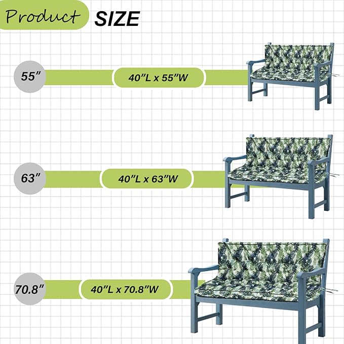 Swing Replacement Cushions with Backrest, 2 or 3 Seater Waterproof Non-Slip Overstuffed Swing Pad, Indoor/Outdoor Bench Cushion for Porch Chair Swing Garden Furniture (Leaves, 40 * 70.8 in)