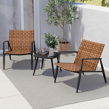 Grand patio Outdoor Bistro Set 3 Pieces Leather-Look Wicker Patio Chairs Set Powder Coated Aluminum Frame with Outdoor Chairs Set of 2 and Side Table for Garden Backyard Balcony Brown