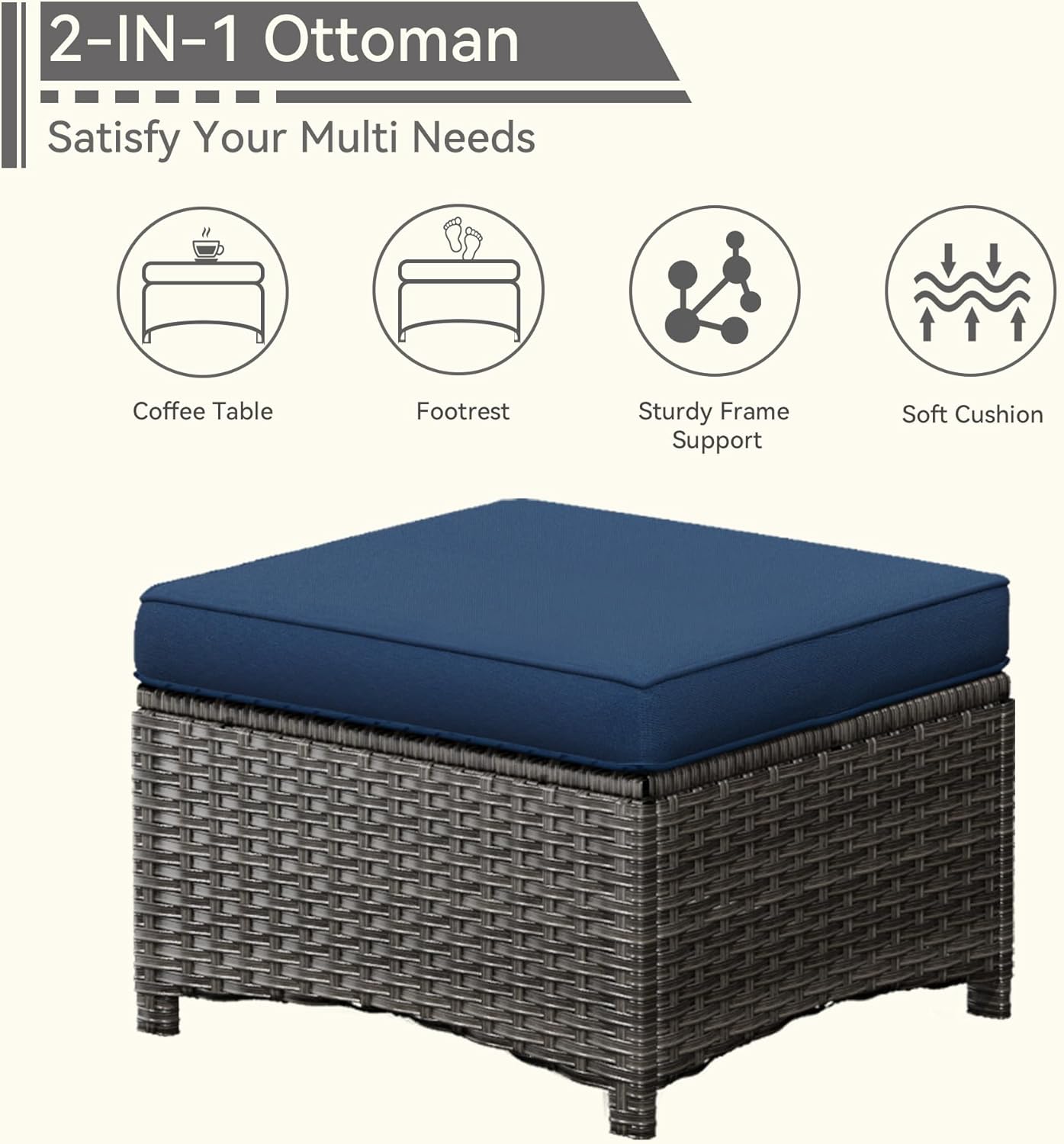 5 Pieces Patio Conversation Set, Wicker Chairs Set of 2 and Two Ottomans with 3.5-inch Seat Cushions, 1 Side Table High Back and Curved Armrest for Backyard, Balcony and Deck, Blue