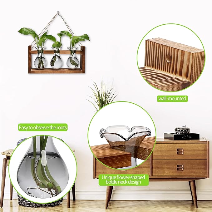 Plant Propagation Station Plant Terrarium Unique Birthday Gifts for Women Home Office Decor Planter with Wooden Stand - 3 Bulb Glass Vase